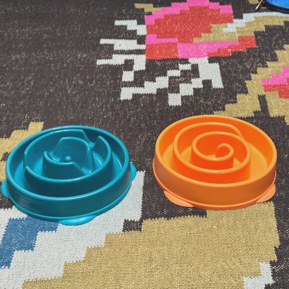 Outward Hound Slo (Slow) Fun Feeder Dog Bowl, Set of 2 Medium Turquoise/Orange - Picture 2 of 13